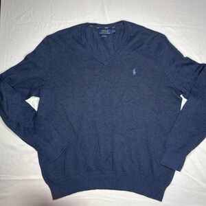 Polo Ralph Lauren Pima Cotton V Neck Pullover Knit Sweater Blue Mens XL